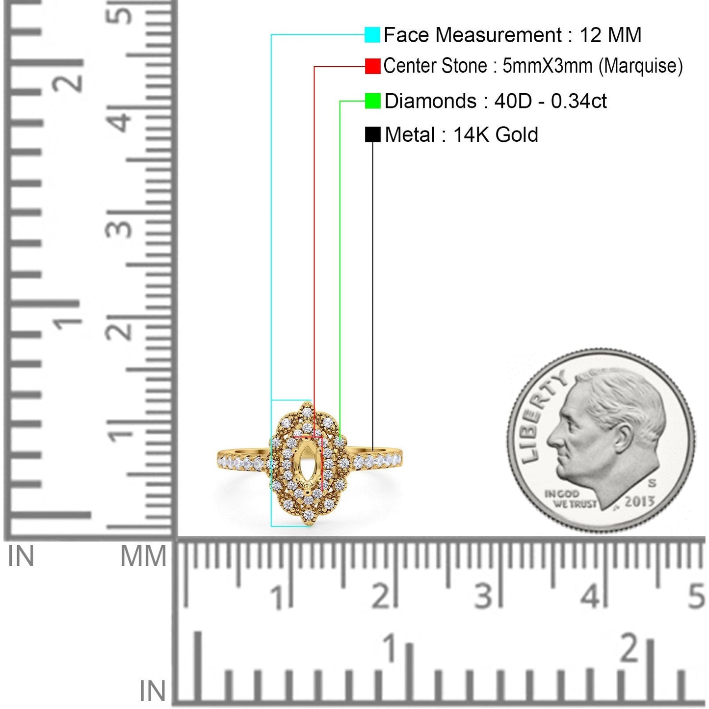 Bague de fiançailles en or jaune 14 carats 0,34 ct avec diamant semi-monté, taille 6,5