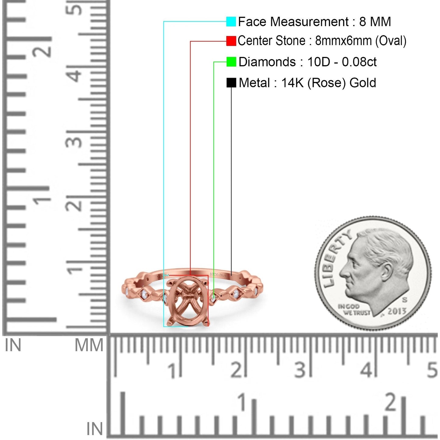 14K 0.08ct Rose Gold Semi Mount Diamond Engagement Ring Size 6.5