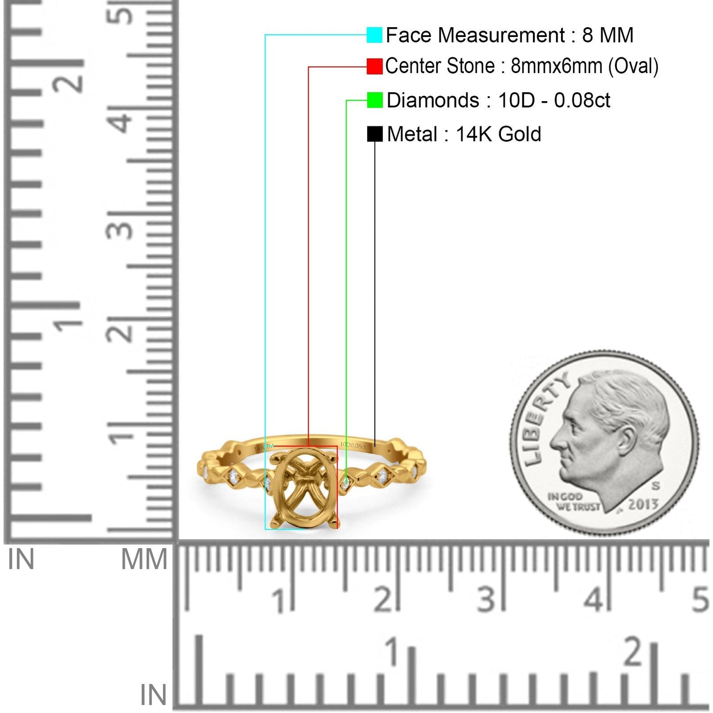 14K 0.08ct Yellow Gold Semi Mount Diamond Engagement Ring Size 6.5