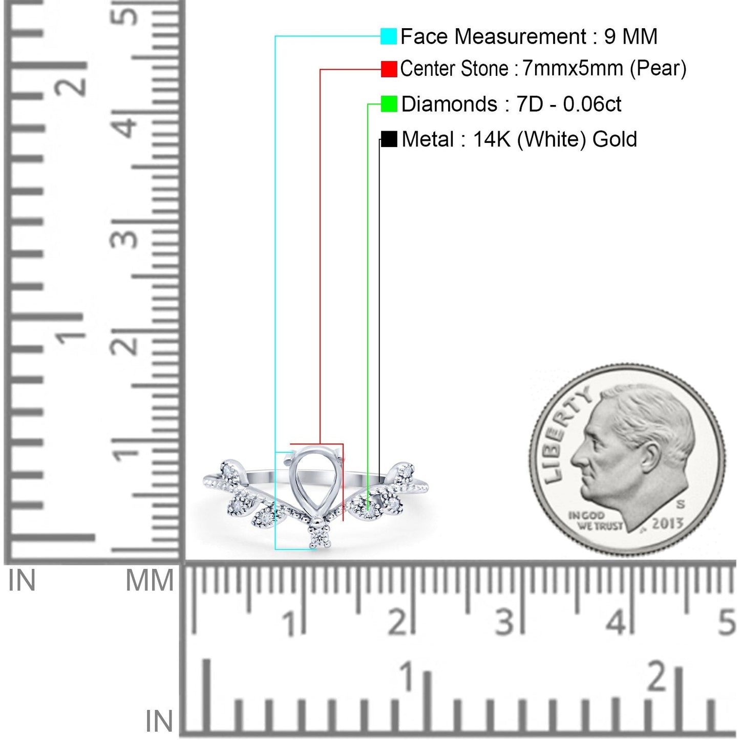 14K White Gold 0.06ct Semi Mount Diamond Engagement Ring Size 6.5