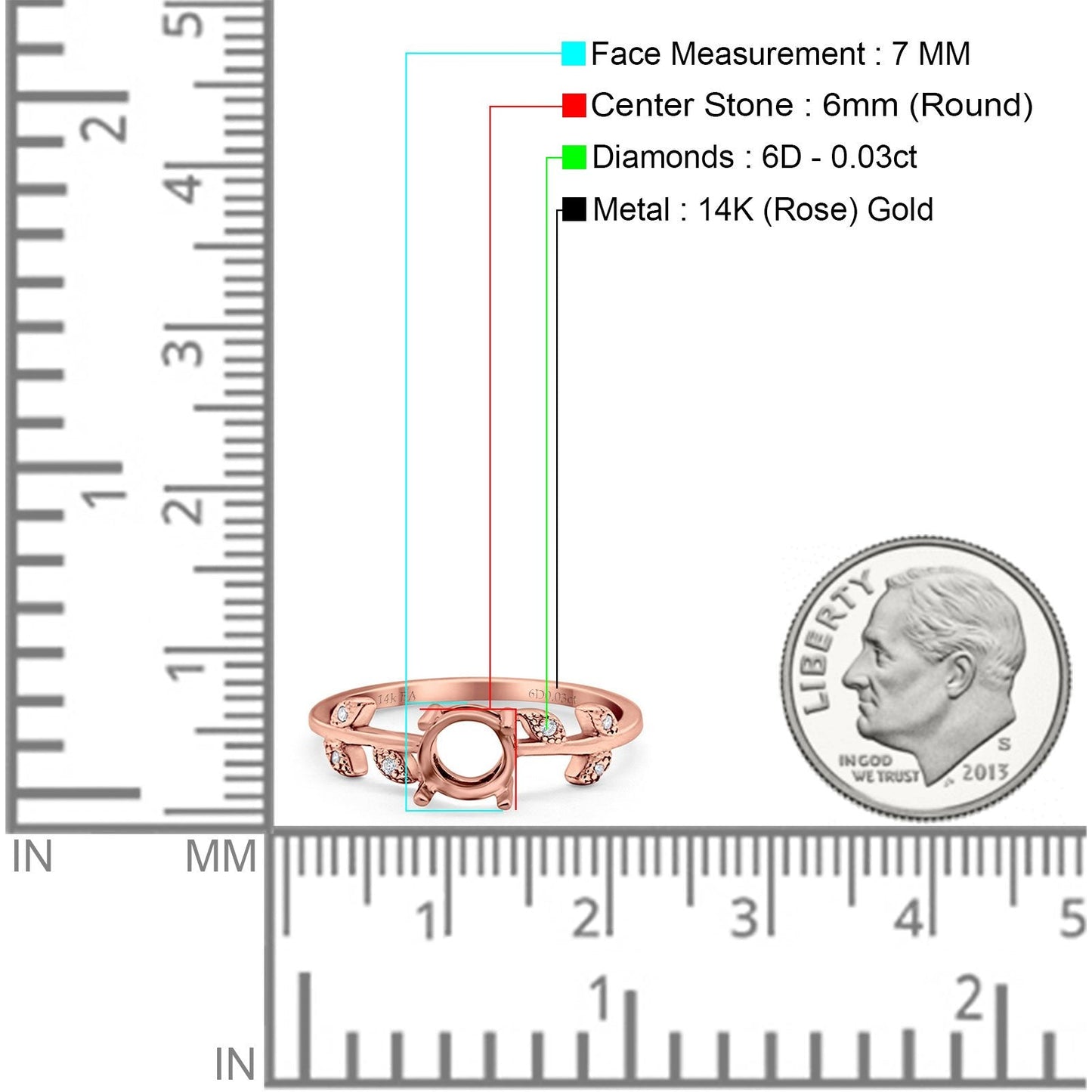 14K Rose Gold Semi Mount Diamond Engagement Ring 0.03ct Size 6.5