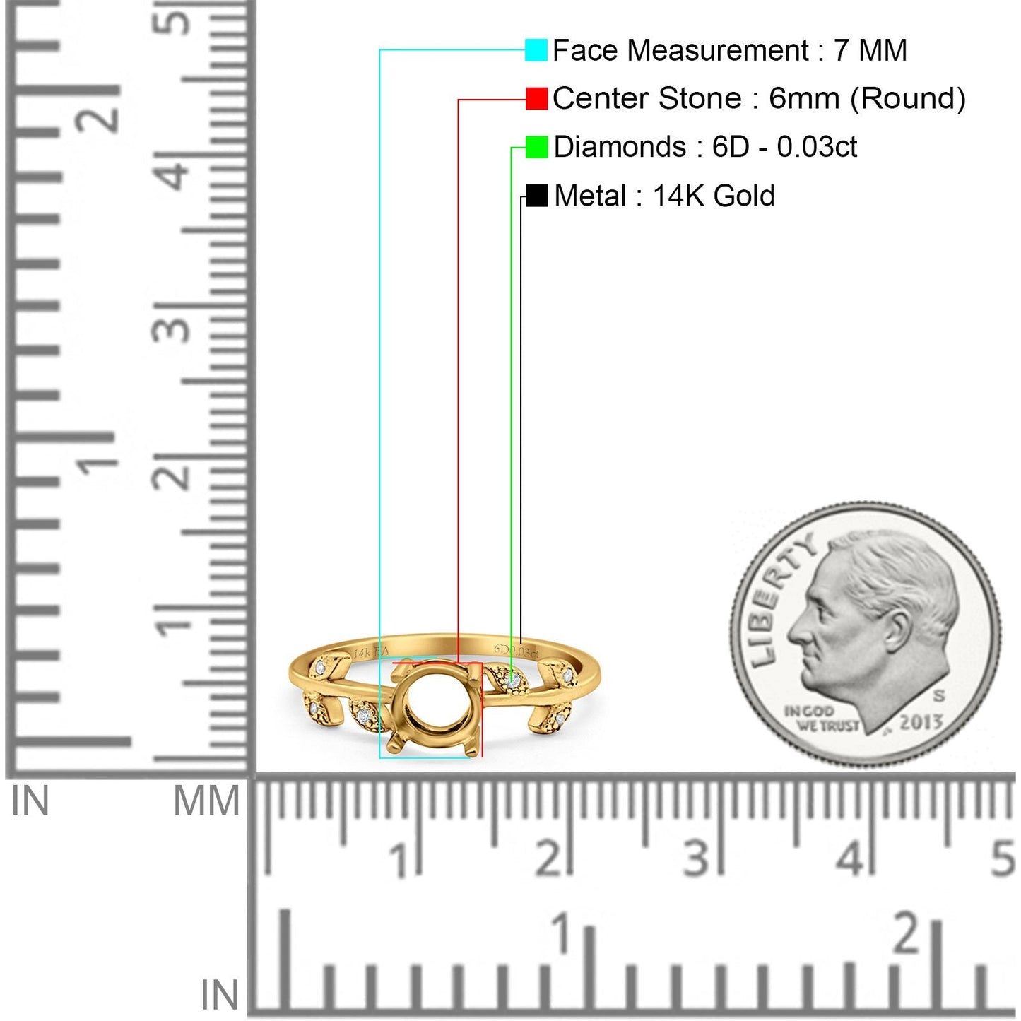 14K Yellow Gold Semi Mount Diamond Engagement Ring 0.03ct Size 6.5