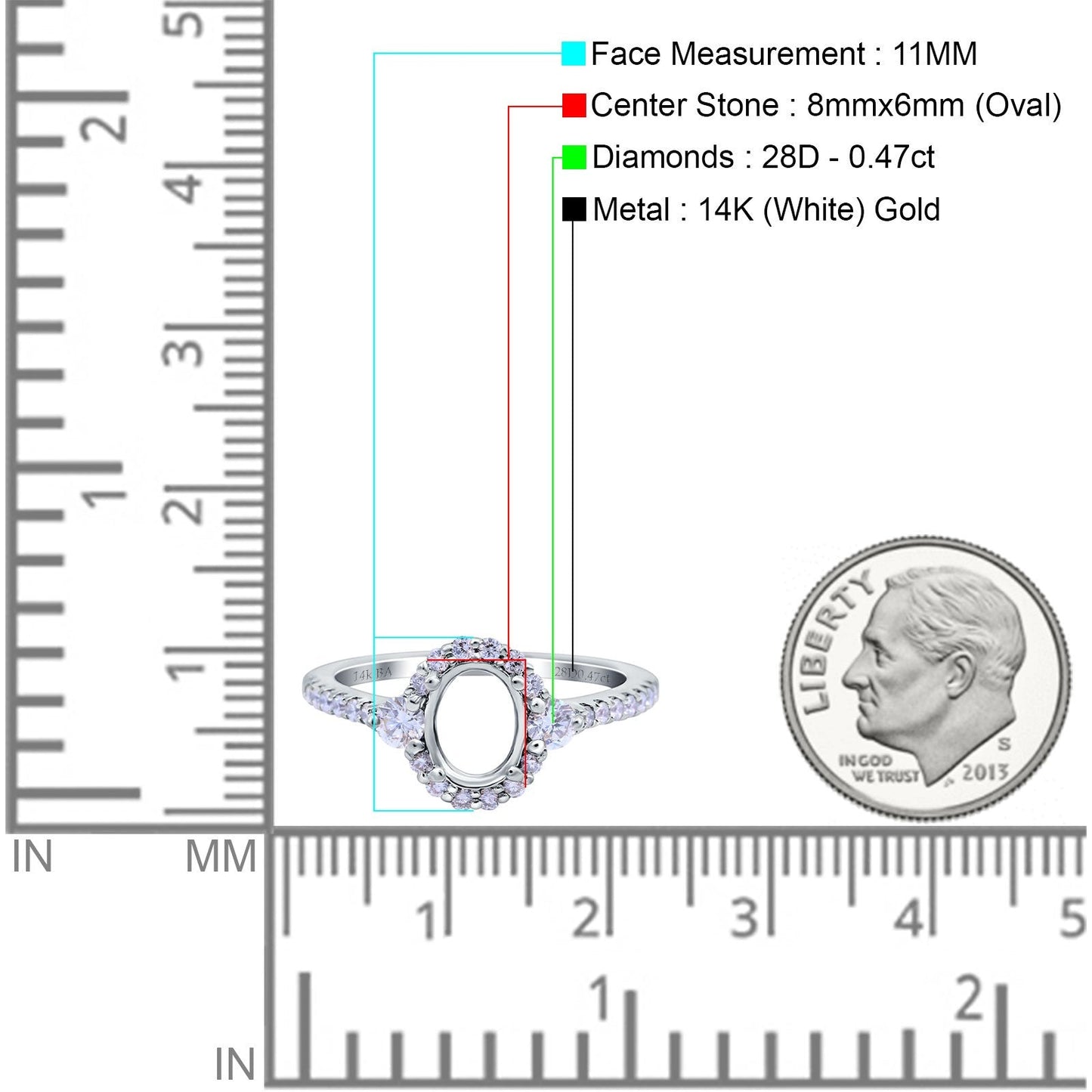 14K White Gold 0.47ct Oval Semi Mount Diamond Engagement Ring Size 6.5