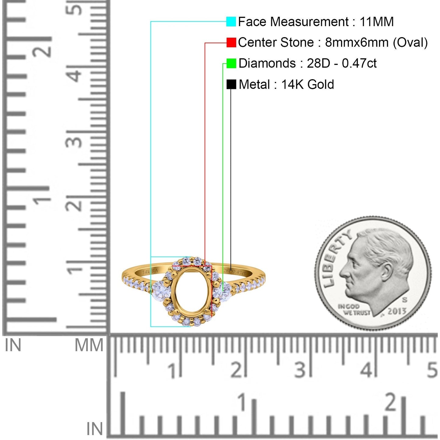 14K Yellow Gold 0.47ct Oval Semi Mount Diamond Engagement Ring