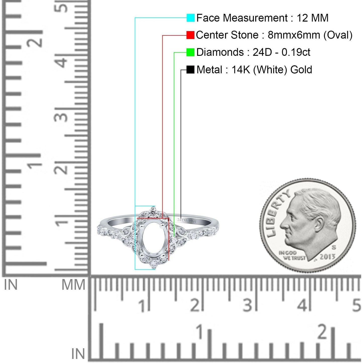 14K White Gold Semi Mount 0.19ct Diamond Engagement Ring Size 6.5