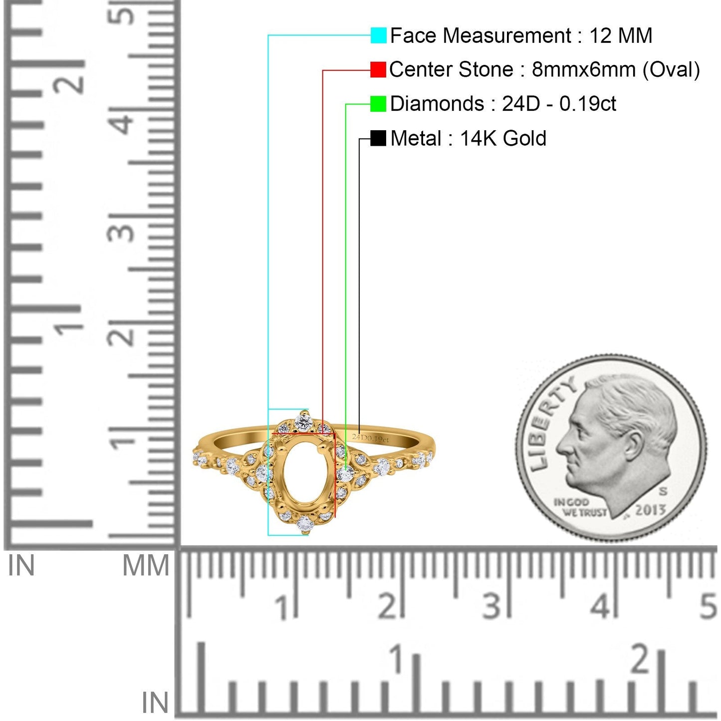 14K Yellow Gold Semi Mount 0.19ct Diamond Engagement Ring Size 6.5