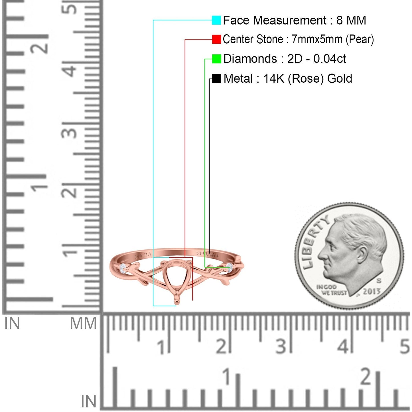 14K 0.04ct Rose Gold Semi Mount Diamond Engagement Ring Size 6.5