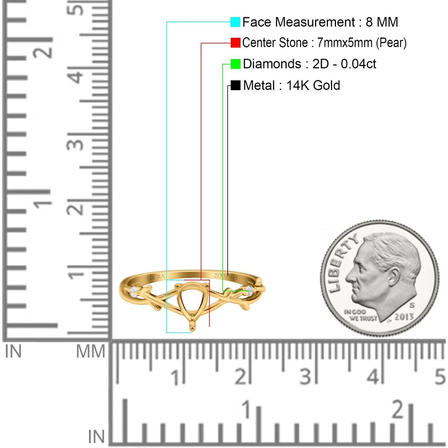 14K 0.04ct Yellow Gold Semi Mount Diamond Engagement Ring Size 6.5