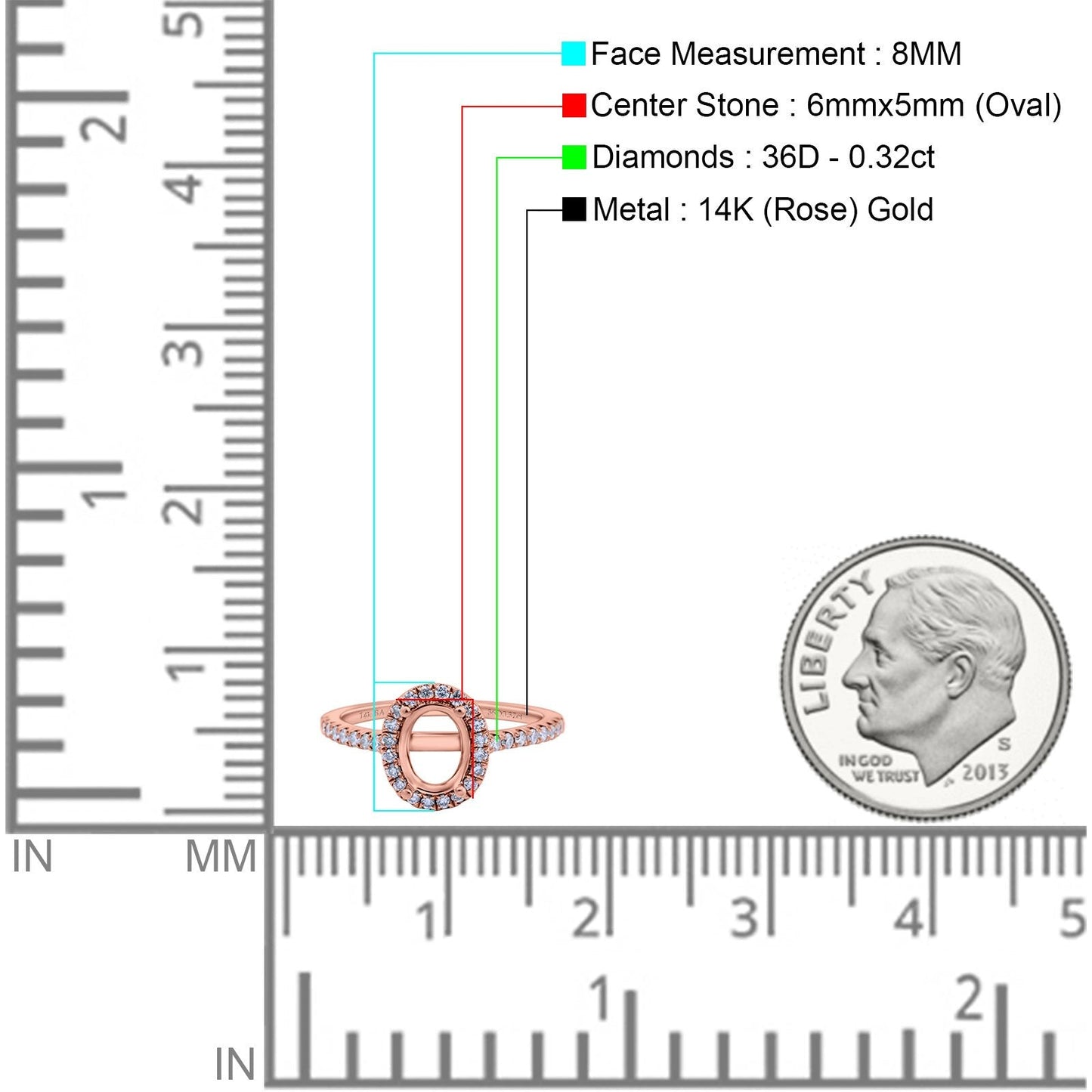 14K Rose Gold Oval Semi Mount 0.32ct Diamond Engagement Ring Size 6.5
