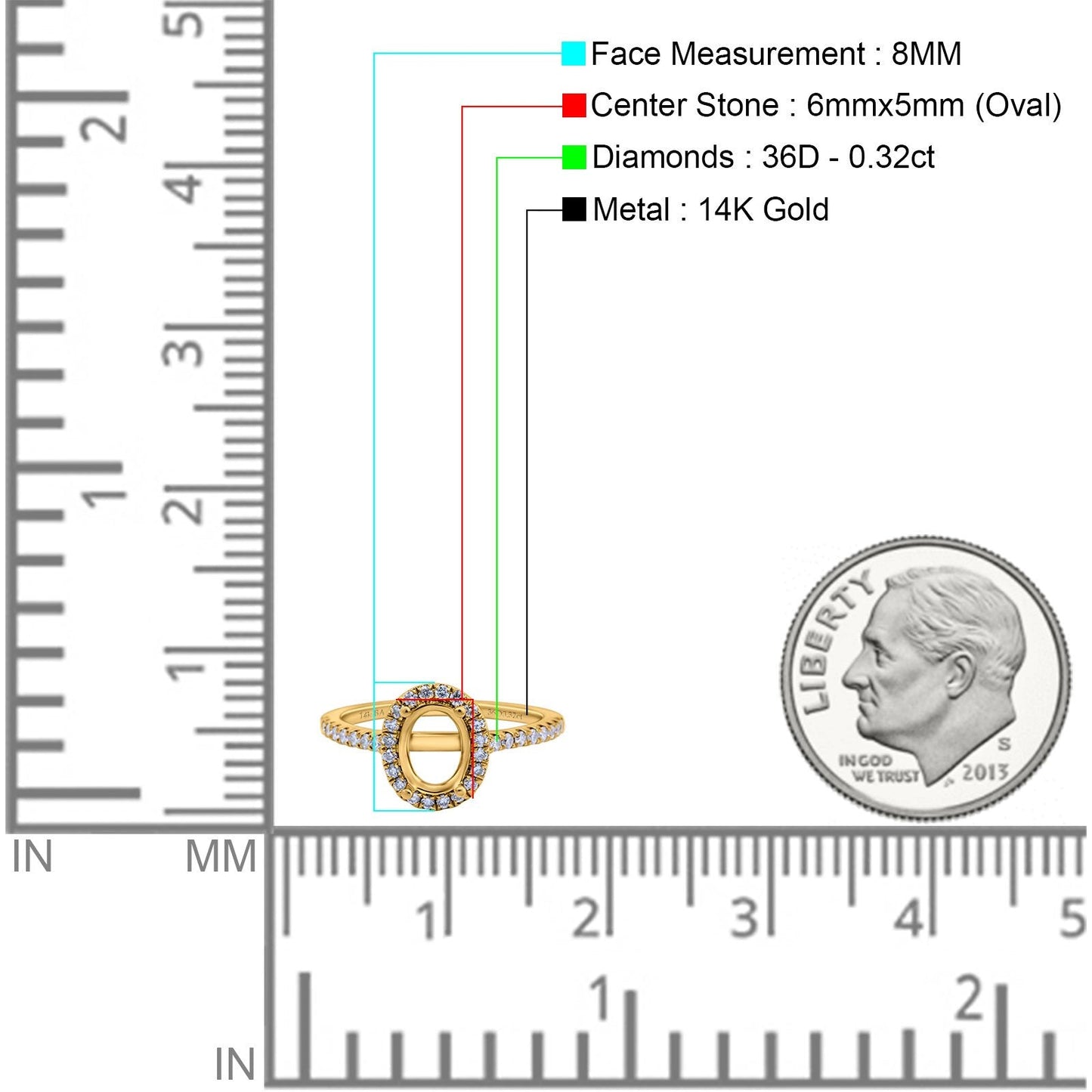 14K Yellow Gold Oval Semi Mount 0.32ct Diamond Engagement Ring Size 6.5