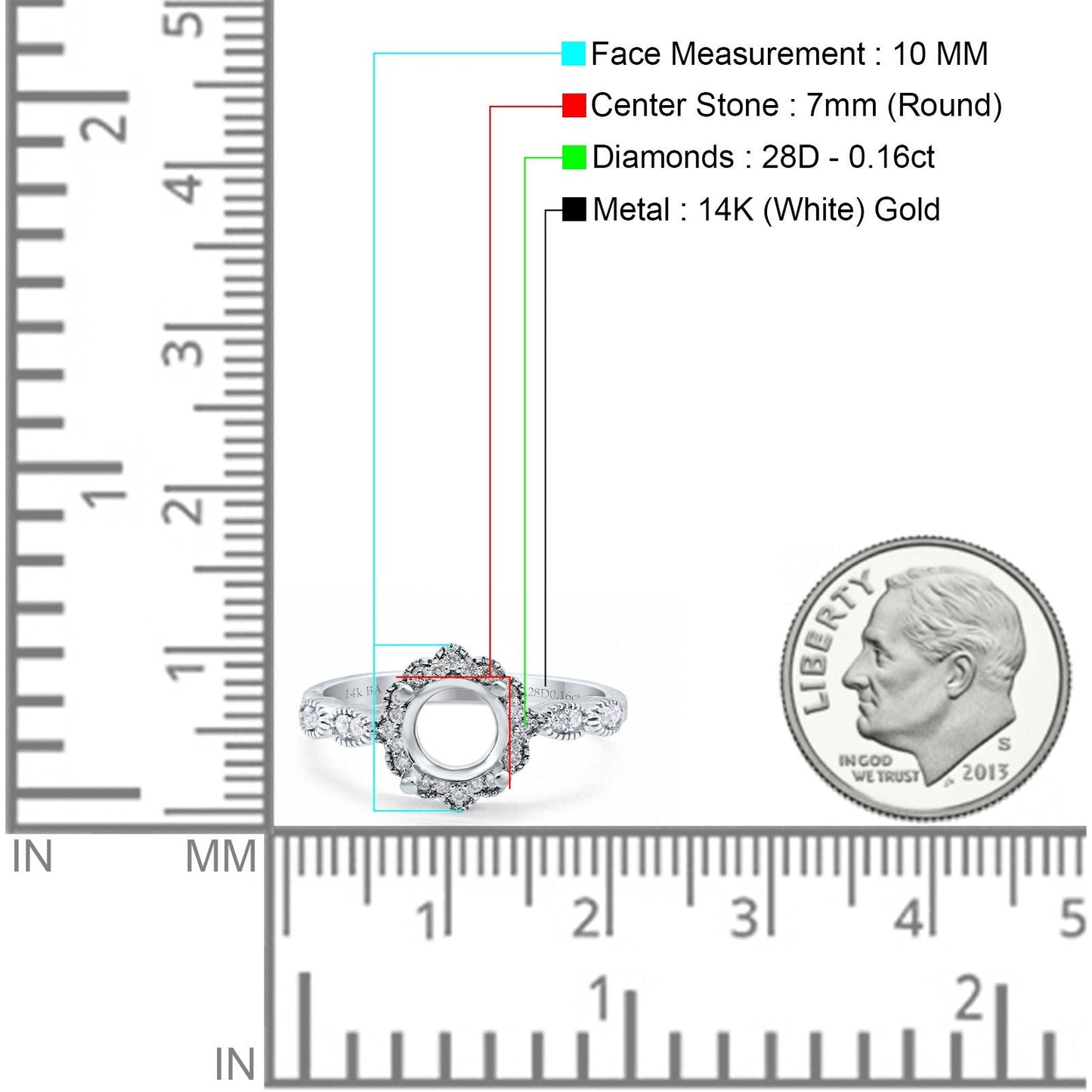 Anillo de compromiso de oro blanco de 14 quilates con diamantes semimontados de 0,16 ct