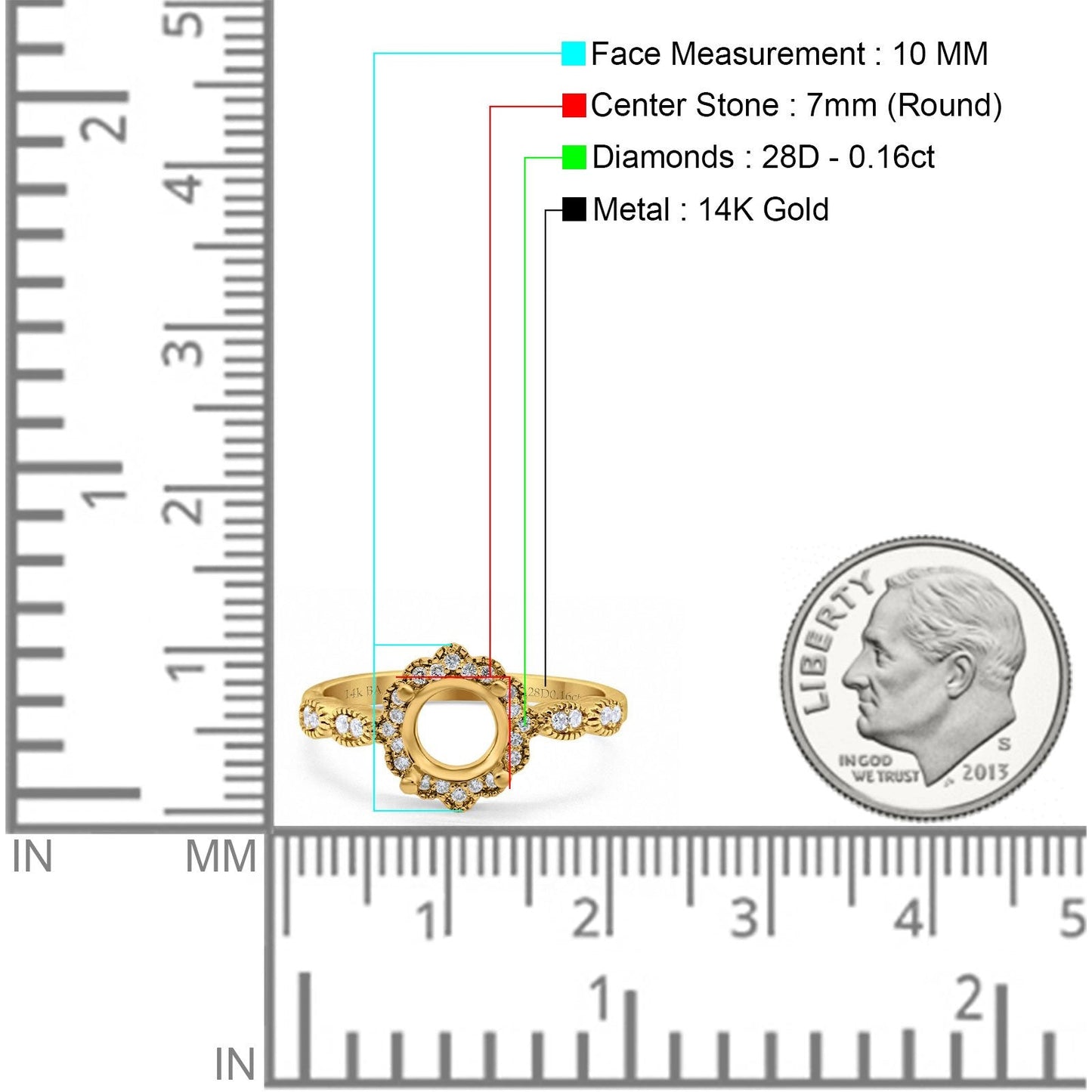 14K Yellow Gold 0.16ct Round Semi Mount Diamond Engagement Ring